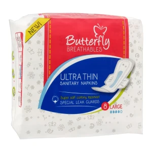 Butterfly Breathables Ultra Thin Sanitary Napkins, Super Soft Cotton Topsheet, Large, 8 Pads