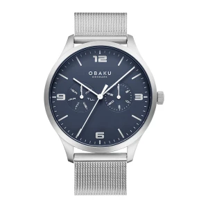 Obaku Men's Denmark Chrome Round Dial With Navy Blue Background & Chrome Bracelet Chrono