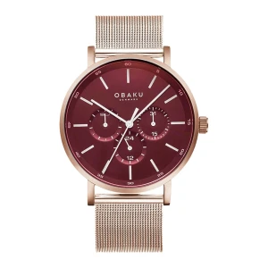 Obaku Men's Rust Gold Round Dial & Bracelet With Maroon Background Chronograph Watch, V246gVDMV