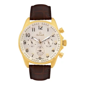 Omax Men's Golden Round Dial With Brown Texture Strap Chronograph Watch, VC04G35I