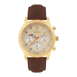 Omax Men's Golden Round Dial With Dark Brown Plain Strap Chronograph Watch, VC02G35Y