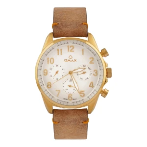 Omax Men's Golden Round Dial With White Background & Plain Brown Strap Chronograph Watch