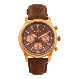 Omax Men's Rose Gold Round Dial With Dark Brown Background & Plain Strap Chronograph Watch, VC02R55I