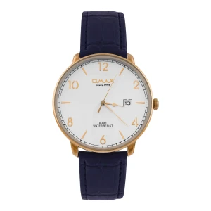 Omax Men's Yellow Gold Round Dial With Textured Navy Blue Strap Analog Watch, DCD001R64I