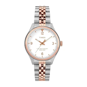 Timex Women's White Round Dial With Two Tone Bracelet Analog Watch, TW2T49200